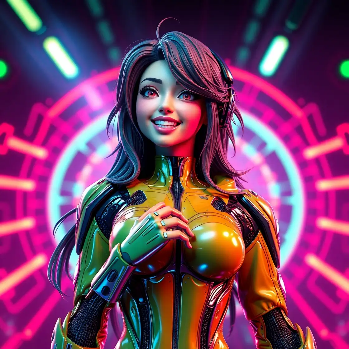 Jeune dame souriante futuriste cybernéon